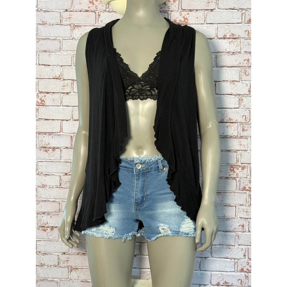 Storm Womens Black Waterfall Cardigan Sleeveless Ruffle Hem Racerback Vest L